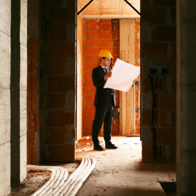 construction worker looking at architectural plans and building progress