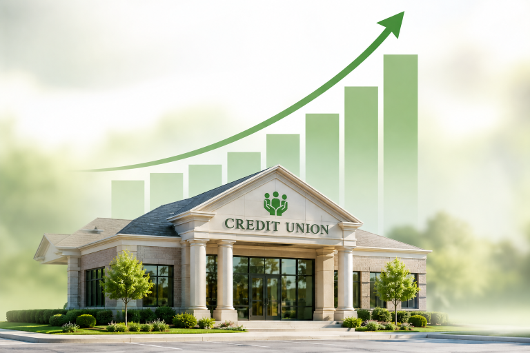 Credit union branch building with a rising green bar chart representing membership growth