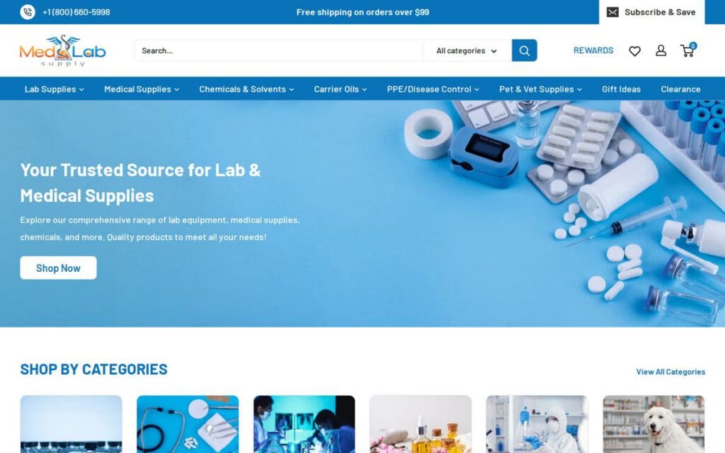 Homepage of the Med Lab Supply Shopify store built by Seapoint Digital