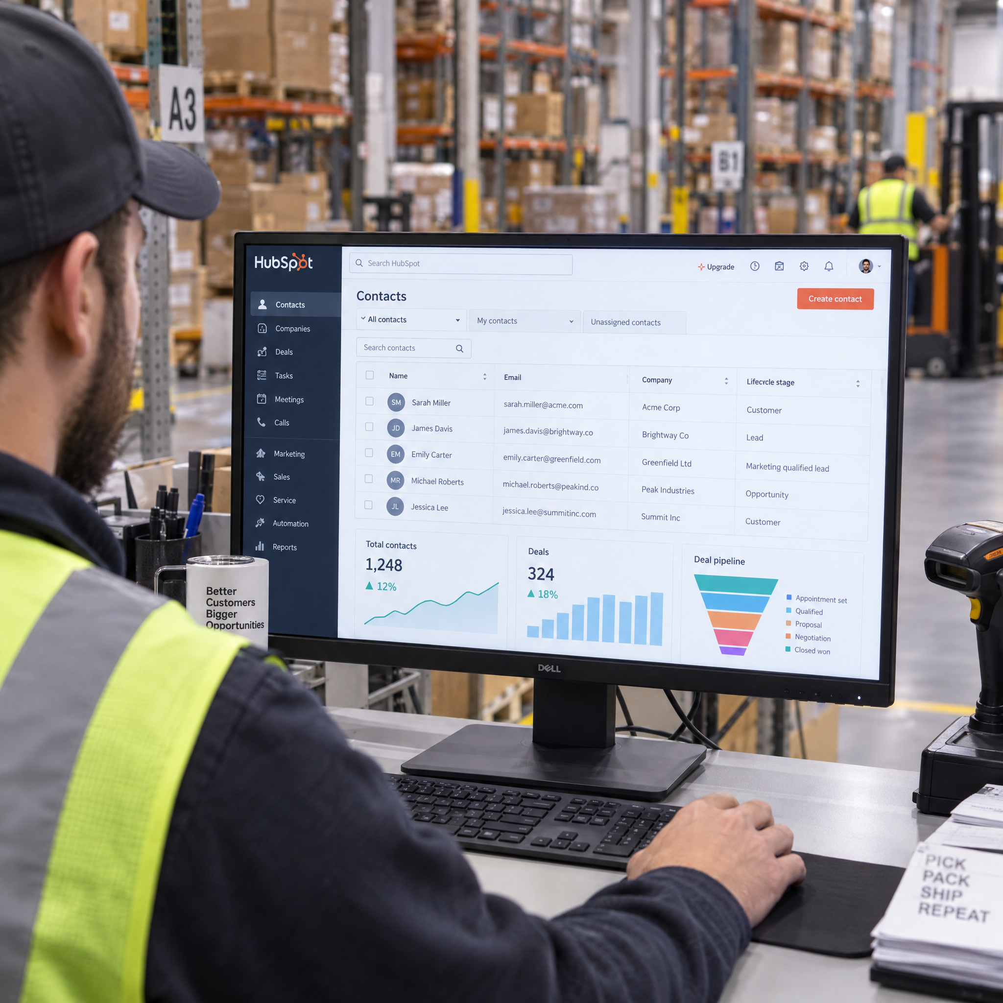 Warehouse worker reviewing unified customer data in a HubSpot CRM dashboard