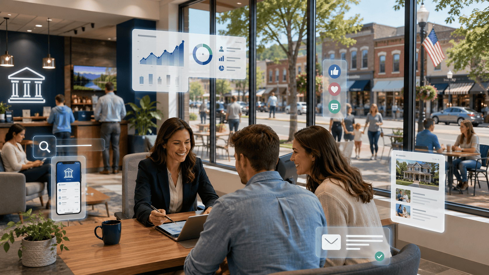 Community bank banker meeting with a couple at a branch table, with digital marketing icons for analytics, social, mobile banking and email floating over a small-town Main Street